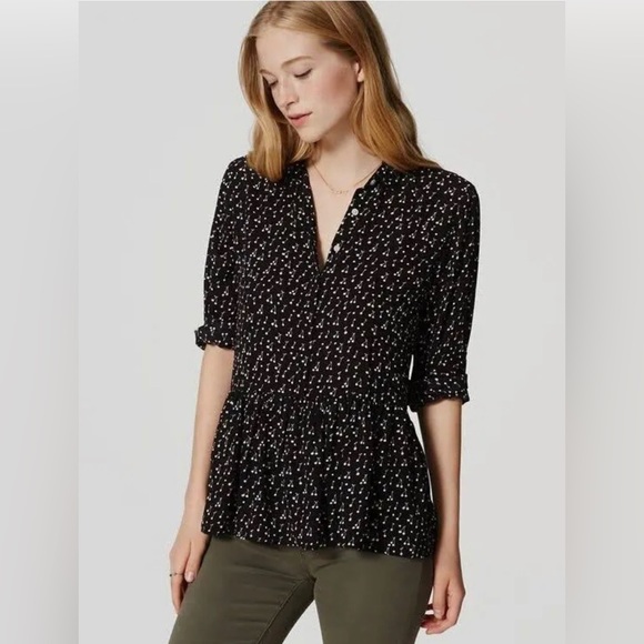 Tops - Ann Taylor Loft Black White Pink Cherry Print Peplum Blouse Top Shirt size S